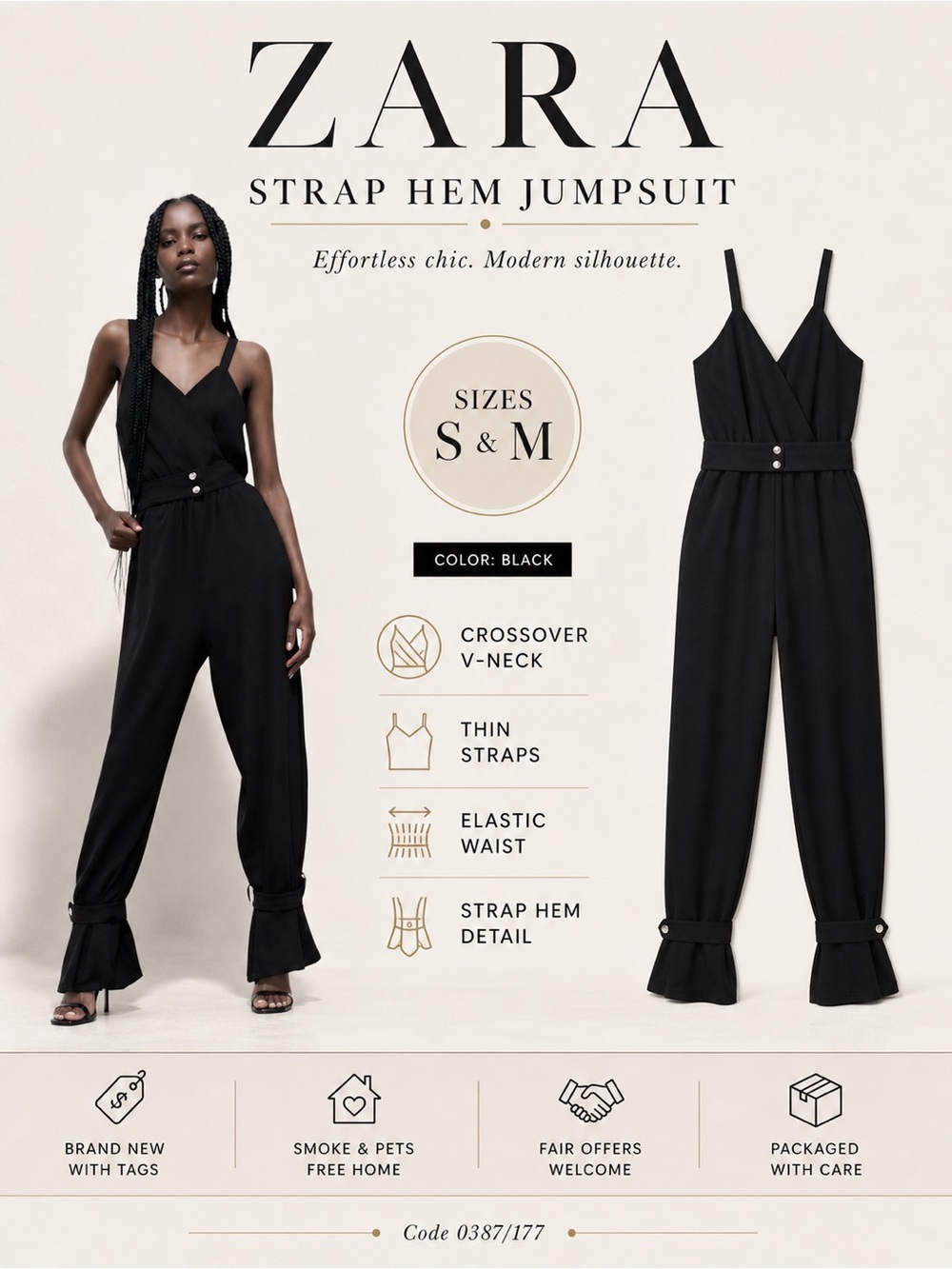 ZARA Black Strap Hem Jumpsuit NWT Sizes S M Crossover V Neck Strappy One Piece